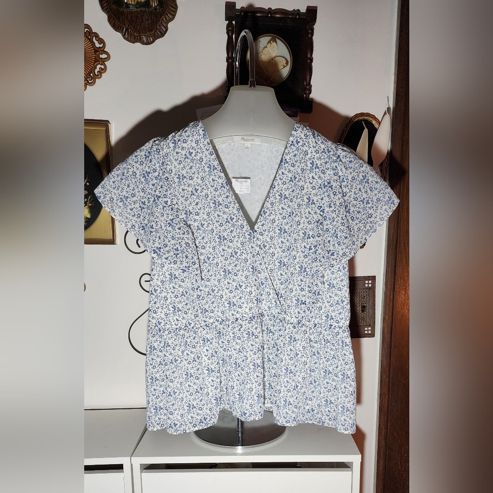 Georgette Ruffle-Sleeve Peplum Top Large Vine Floral Vintage - Picture 2 of 10